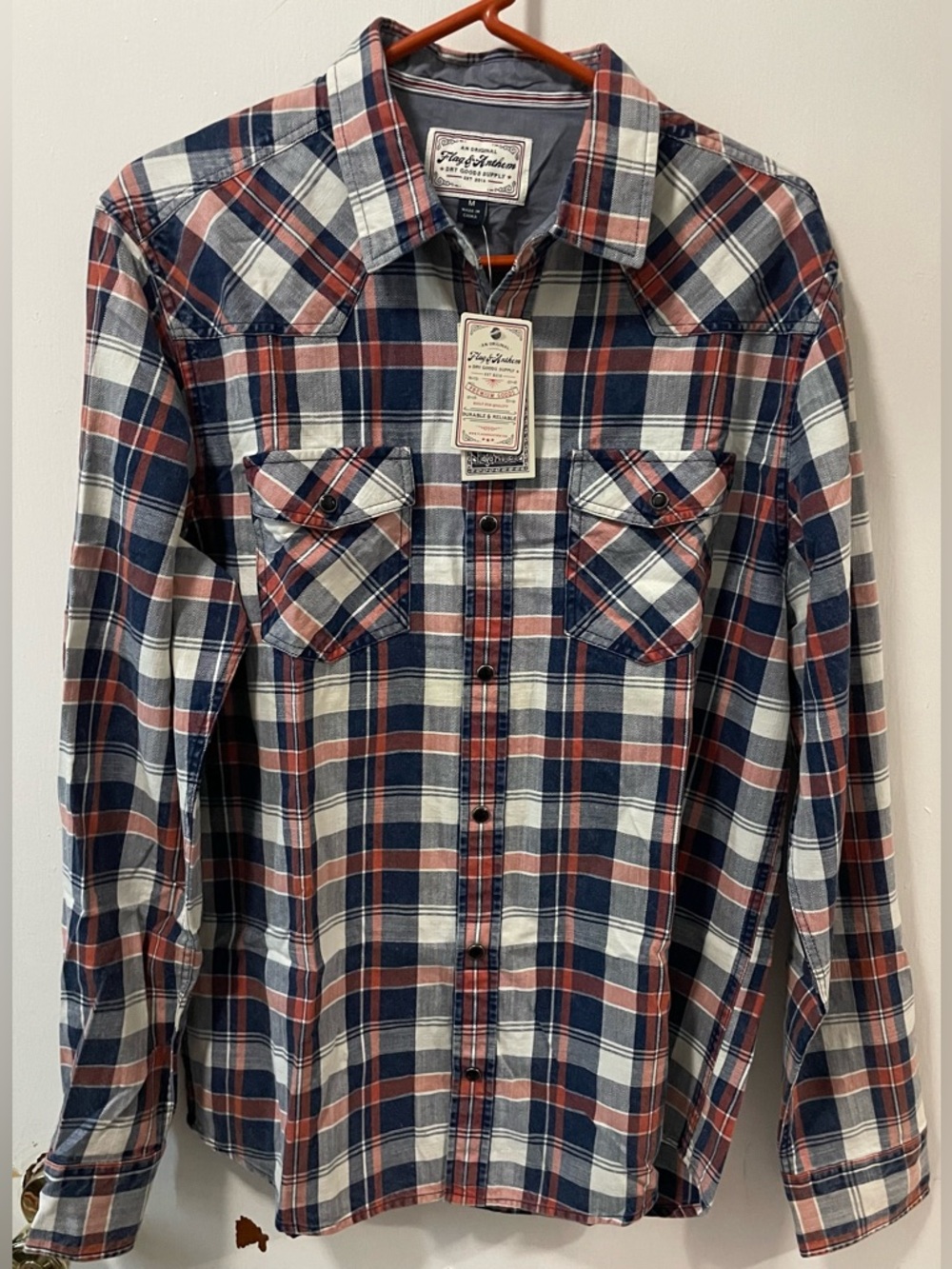 Flag & Anthem Men's Plaid Button Up Western Shirt Indigo Red White Navy Medium M